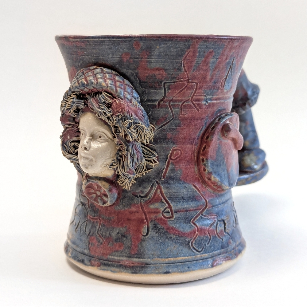 Vintage MICHAEL KENNEDY Pottery Mug Abstract Musical Theme Figural Lady Face